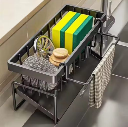 Kitchen Sponge Holder Drain Rack Sink Organizer for Dish Cloth Scrubber Storage with Hanging Hook
